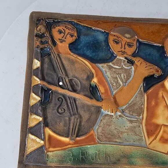 J Ruth Faktor Handmade Ceramic Tile Plaque Musicians Playing Instruments Signed - Picture 3 of 10